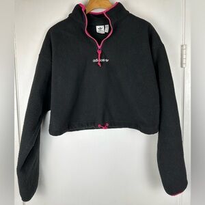 Adidas Originals Women’s Med Cropped Fleece Pullover Black Pink Trim Quarter Zip